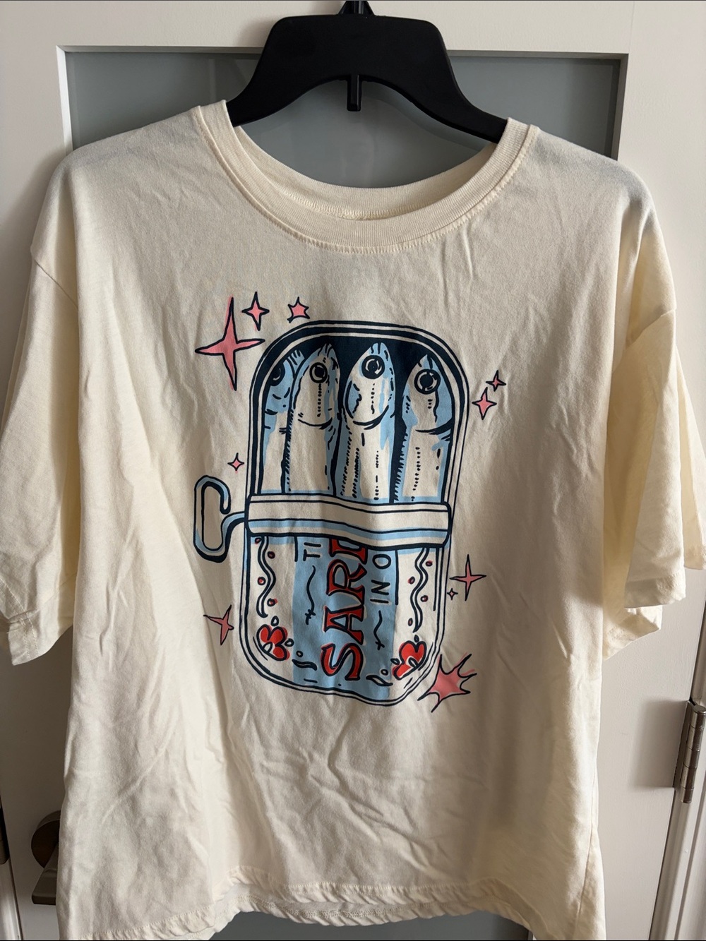 Ripple Junction Cream Tee with Blue & Pink Sardine Can Graphic
